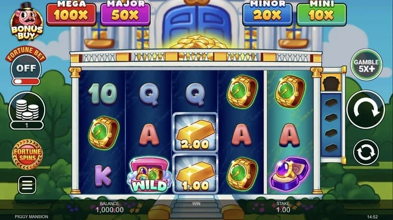 Piggy Mansion - écran de jeu avec une grille 5x3 et des symboles monétaires